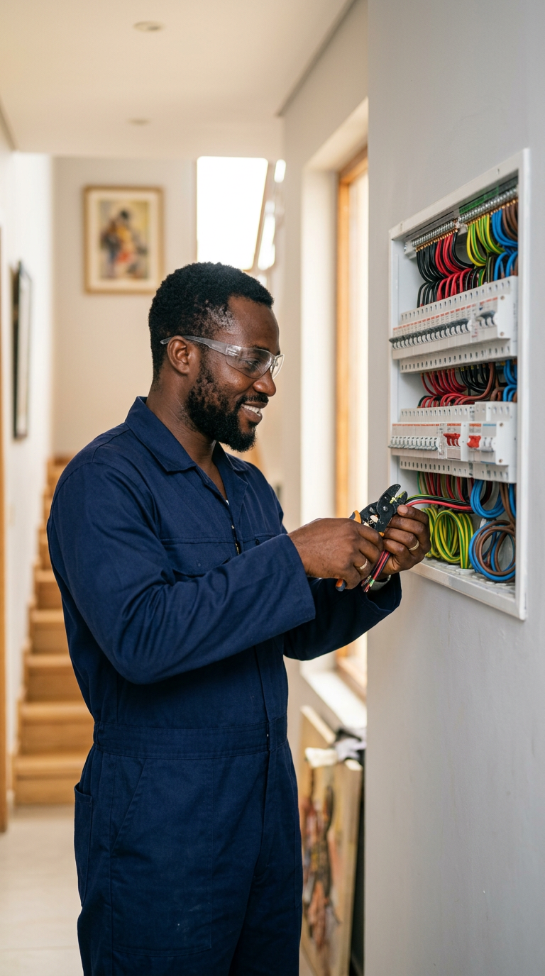 EM Electricals technician wiring a distribution board in an Accra home