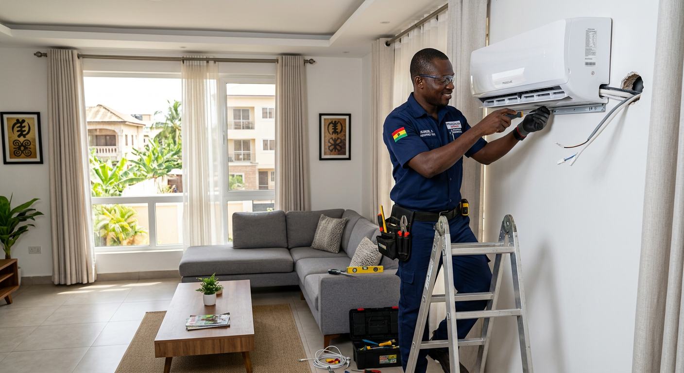 Technician installing a split air conditioner in a living room