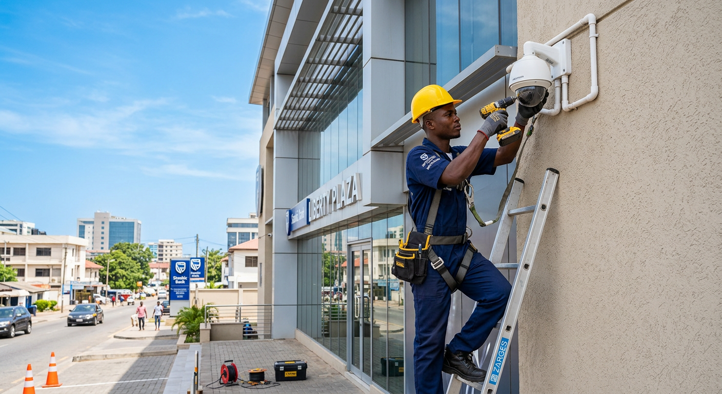 Technician mounting a CCTV camera on a building exterior