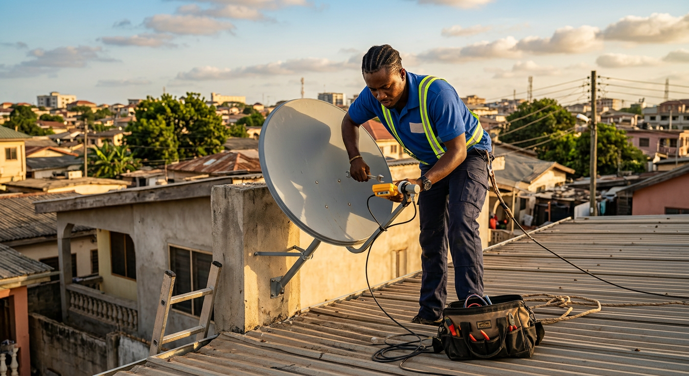 Technician aligning a satellite dish on a rooftop